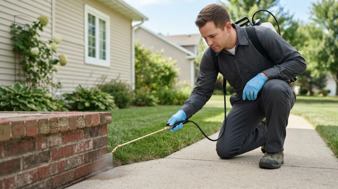 Pest control technician treating a home near Clarksville, IA
