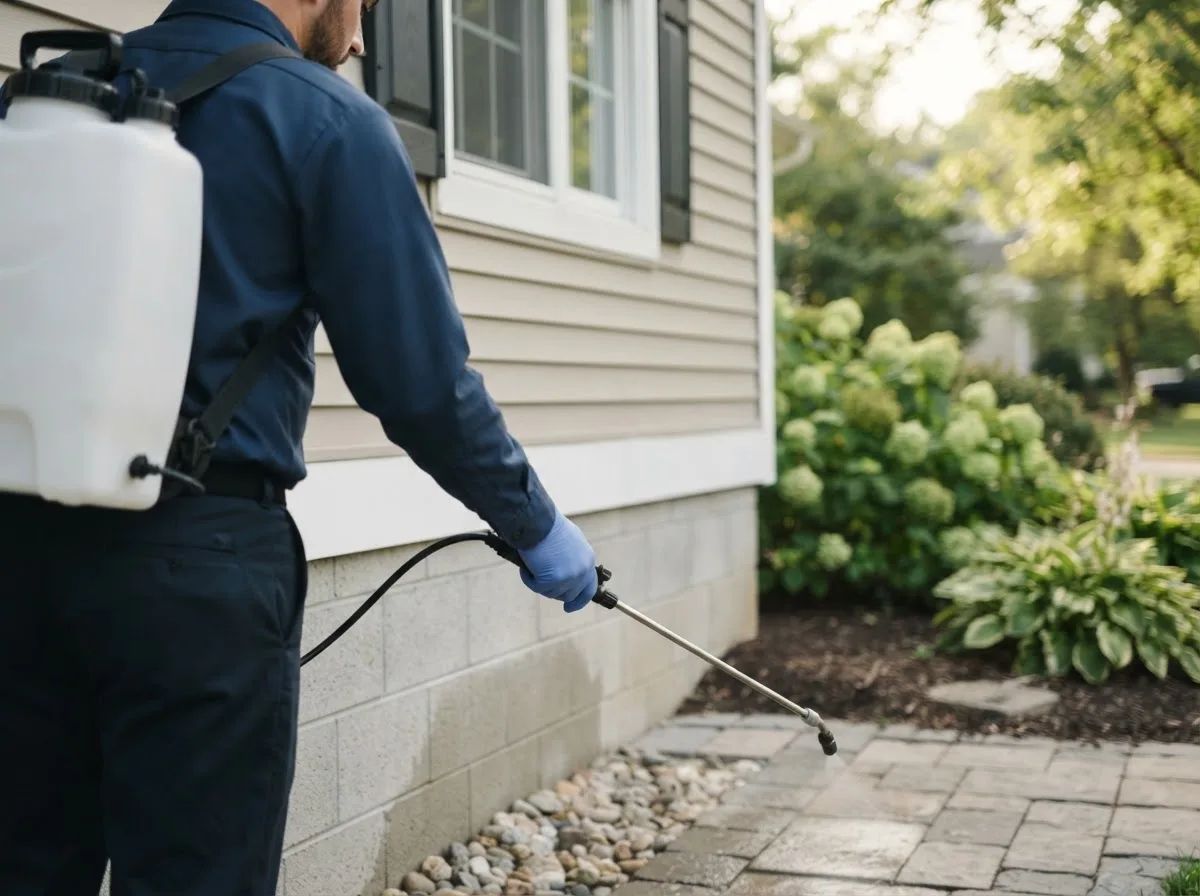 Pest control technician inspecting a home in Clarksville, IA